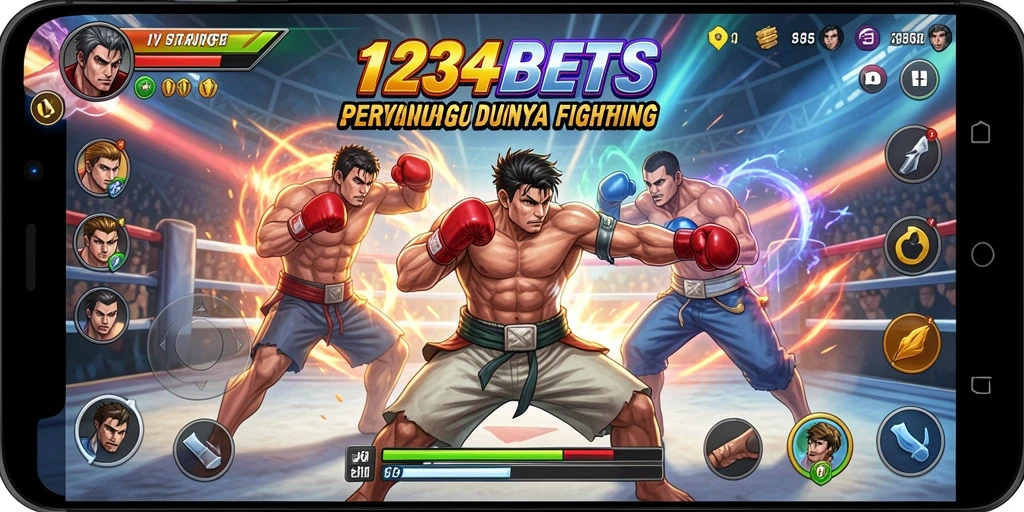 Screenshot utama 1234BETS menampilkan pertarungan sengit antarkarakter.