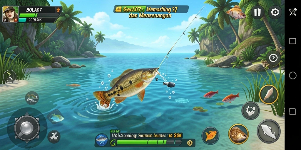 Screenshot gameplay BOLA07 yang menampilkan suasana memancing yang menegangkan.